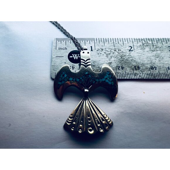 Vintage Sterling Silver Turquoise Inlay Thunderbird Pendant Necklace 10g, 16"in - Picture 7 of 11